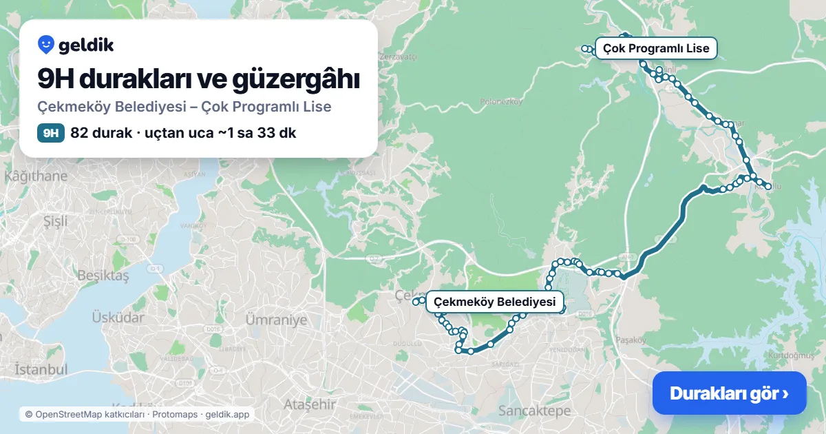 9H otobüs güzergâhı haritası: Çekmeköy Belediyesi – Çok Programlı Lise, 82 durak