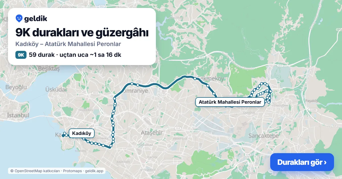 9K otobüs güzergâhı haritası: Kadıköy – Atatürk Mahallesi Peronlar, 59 durak
