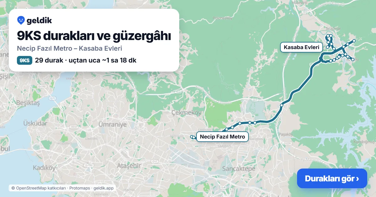 9KS otobüs güzergâhı haritası: Necip Fazıl Metro – Kasaba Evleri, 29 durak