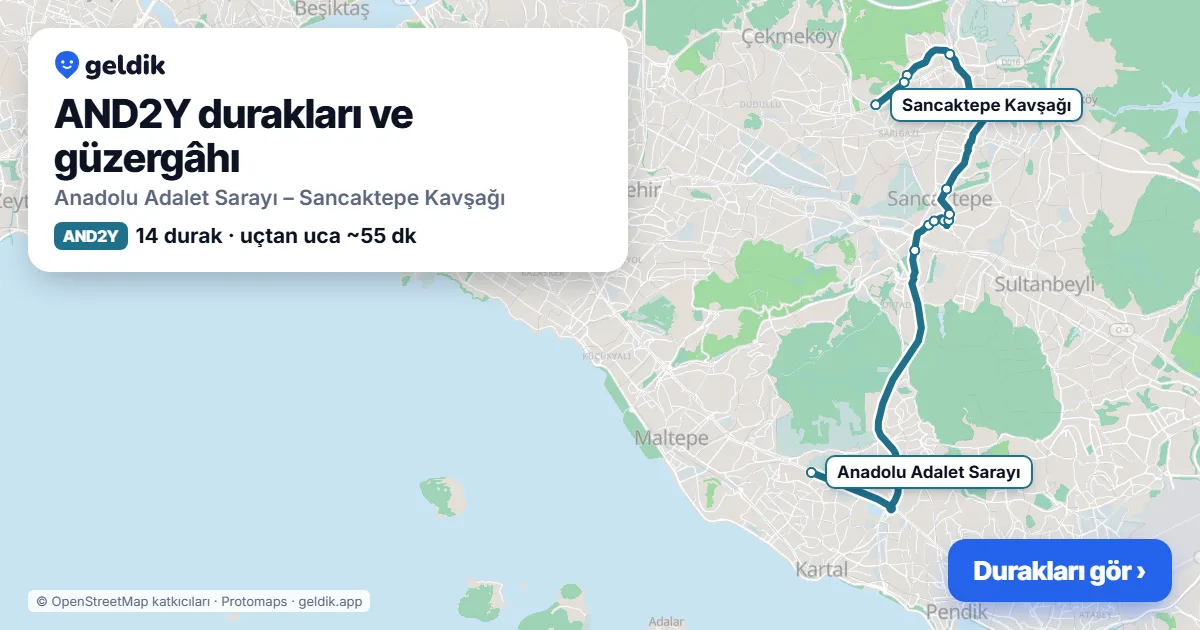 AND2Y otobüs güzergâhı haritası: Anadolu Adalet Sarayı – Sancaktepe Kavşağı, 14 durak