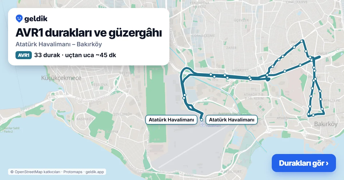 AVR1 otobüs güzergâhı haritası: Atatürk Havalimanı – Bakırköy, 33 durak