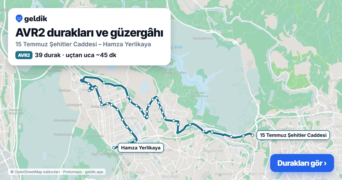 AVR2 bus route map: 15 Temmuz Şehitler Caddesi – Hamza Yerlikaya, 39 stops