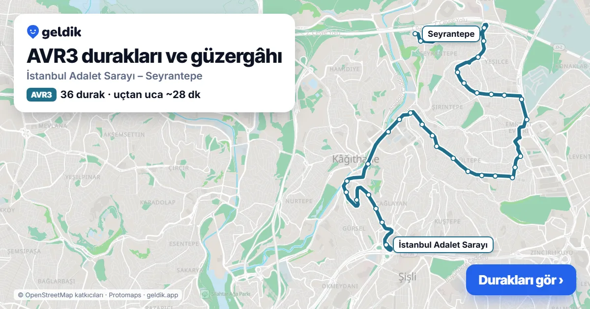 AVR3 otobüs güzergâhı haritası: İstanbul Adalet Sarayı – Seyrantepe, 36 durak