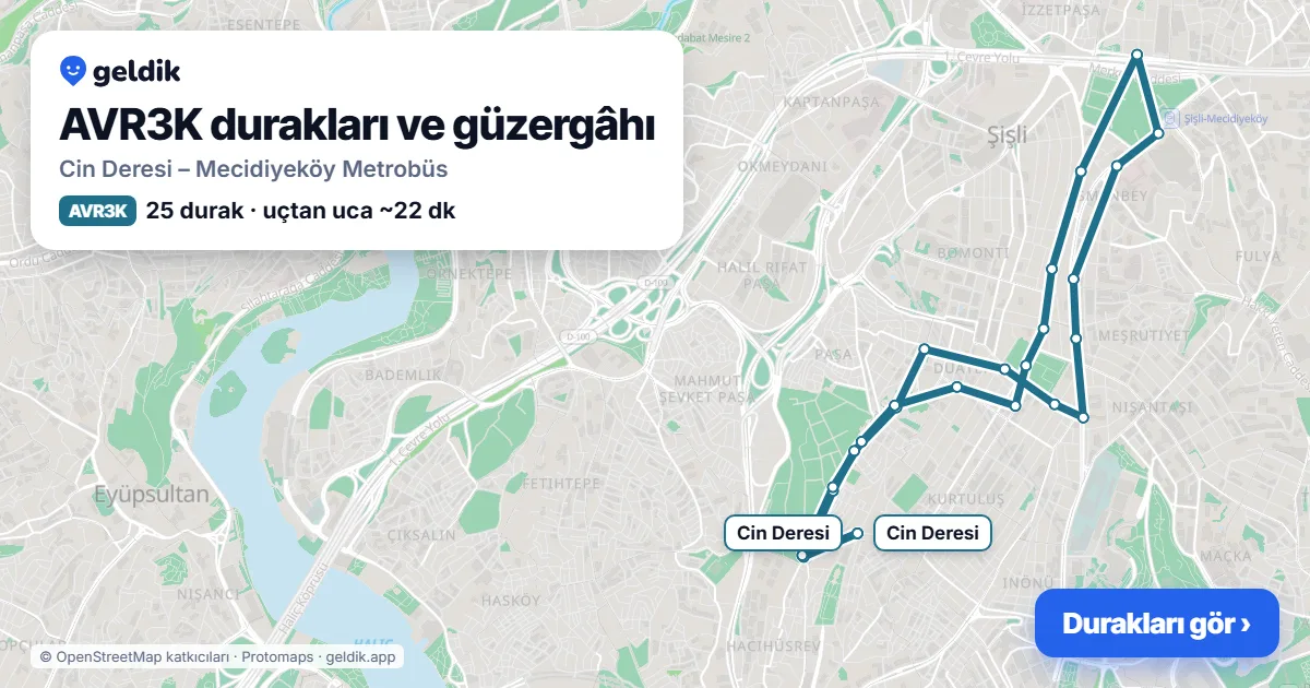 AVR3K otobüs güzergâhı haritası: Cin Deresi – Mecidiyeköy Metrobüs, 25 durak