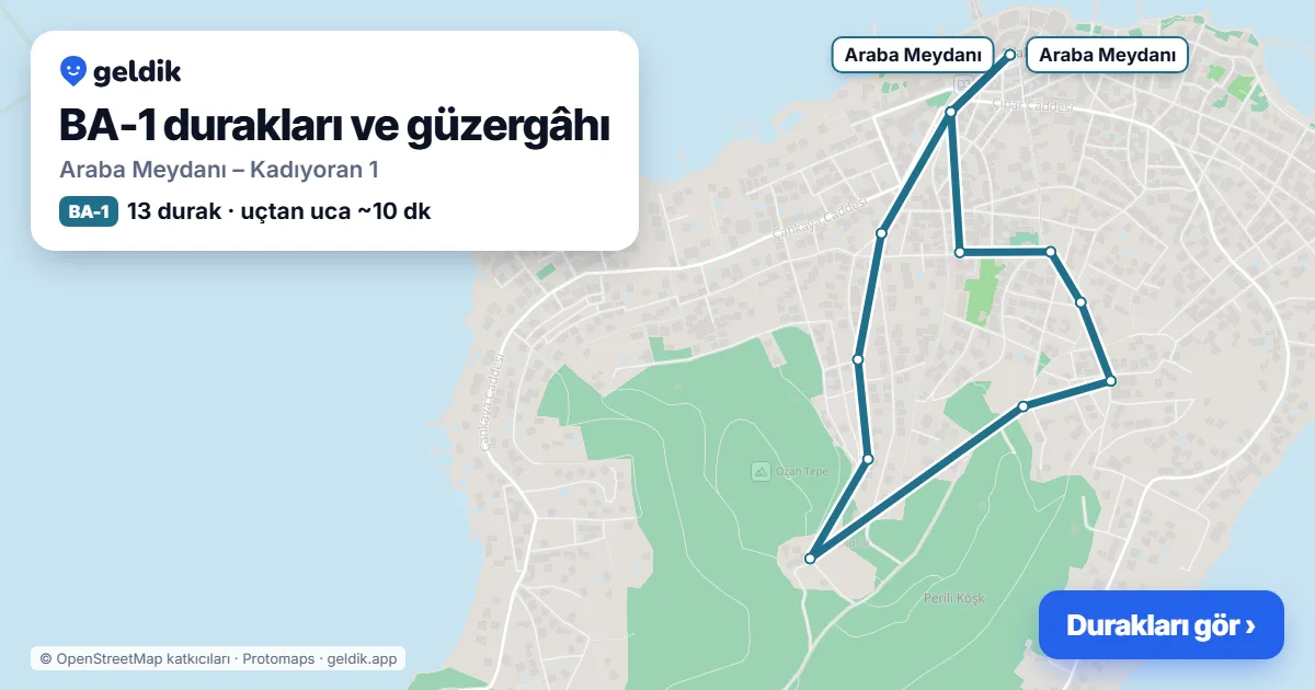 BA-1 otobüs güzergâhı haritası: Araba Meydanı – Kadıyoran 1, 13 durak