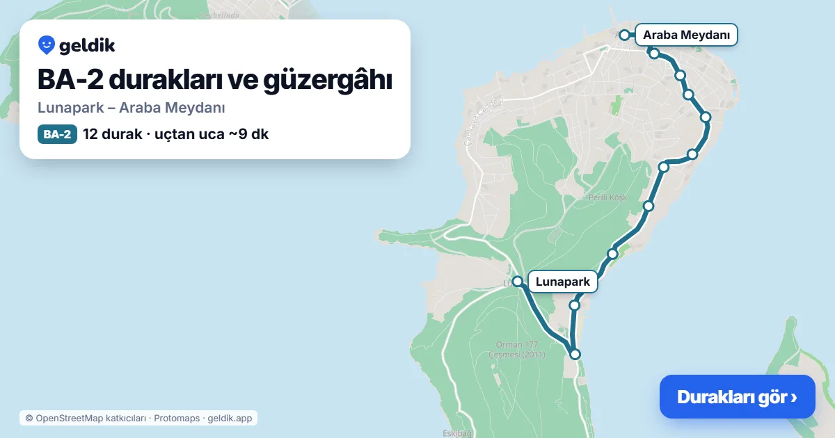 BA-2 otobüs güzergâhı haritası: Lunapark – Araba Meydanı, 12 durak