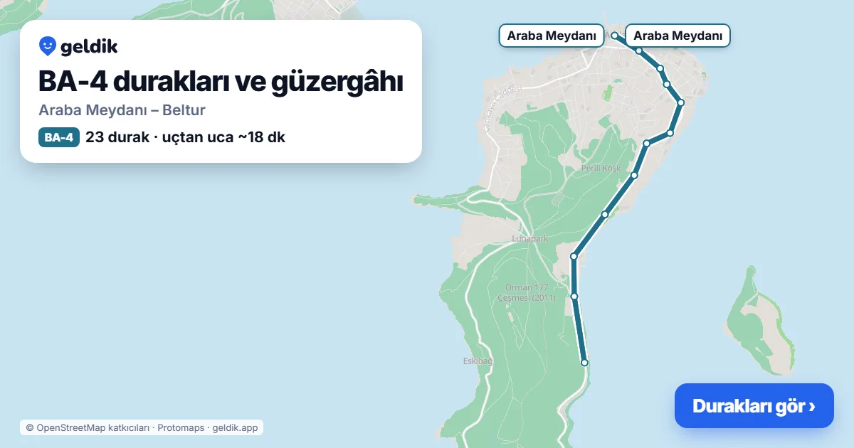 BA-4 otobüs güzergâhı haritası: Araba Meydanı – Beltur, 23 durak
