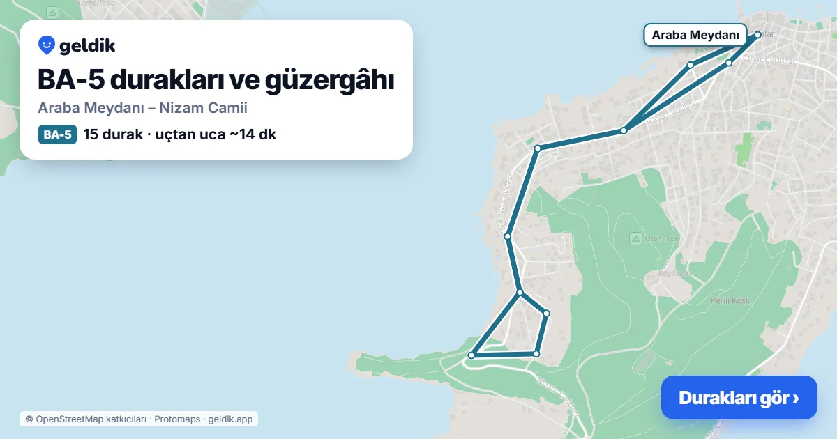 BA-5 otobüs güzergâhı haritası: Araba Meydanı – Nizam Camii, 15 durak