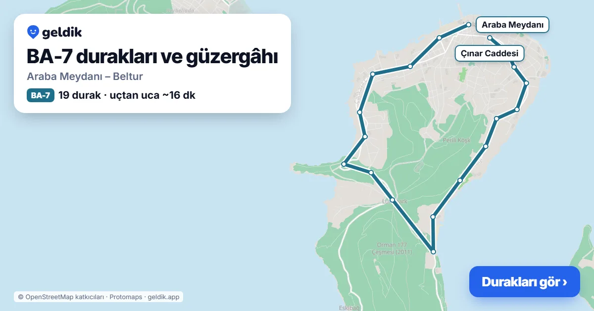 BA-7 otobüs güzergâhı haritası: Araba Meydanı – Beltur, 19 durak