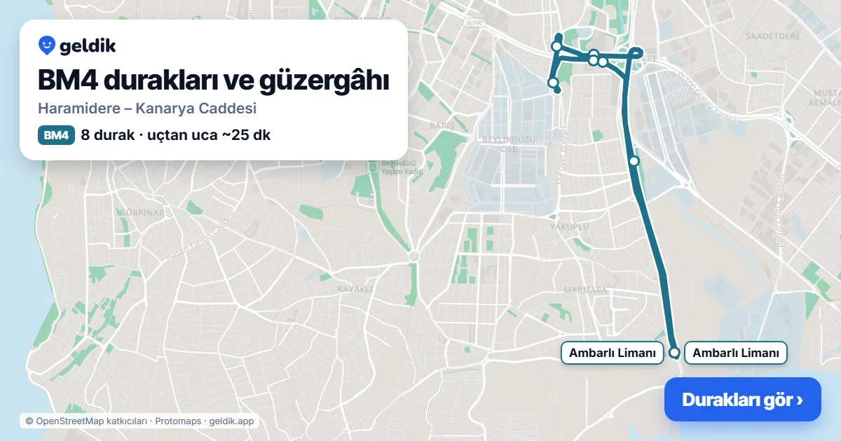 BM4 otobüs güzergâhı haritası: Haramidere – Kanarya Caddesi, 8 durak