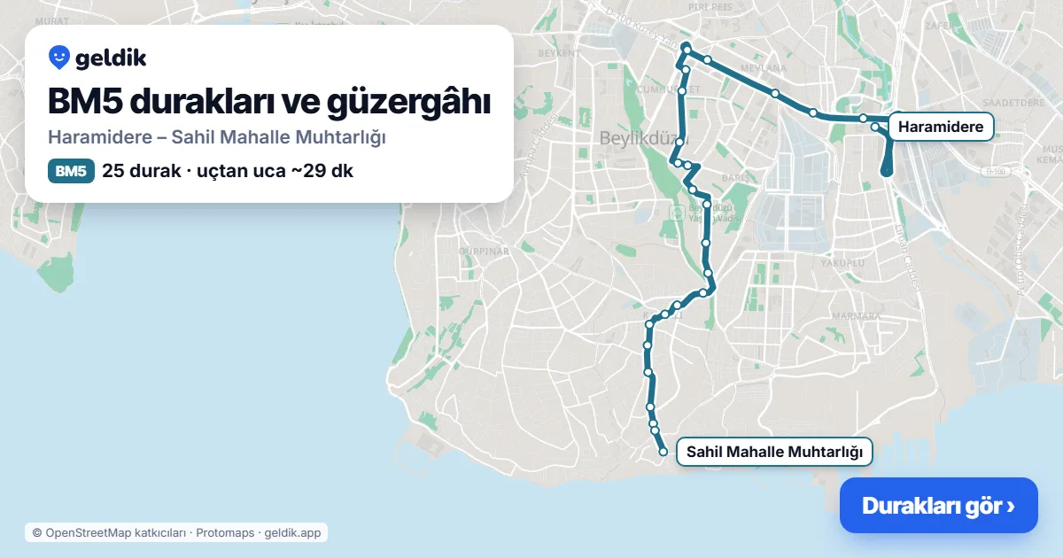 BM5 otobüs güzergâhı haritası: Haramidere – Sahil Mahalle Muhtarlığı, 25 durak