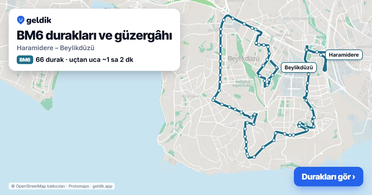 BM6 otobüs güzergâhı haritası: Haramidere – Beylikdüzü, 66 durak