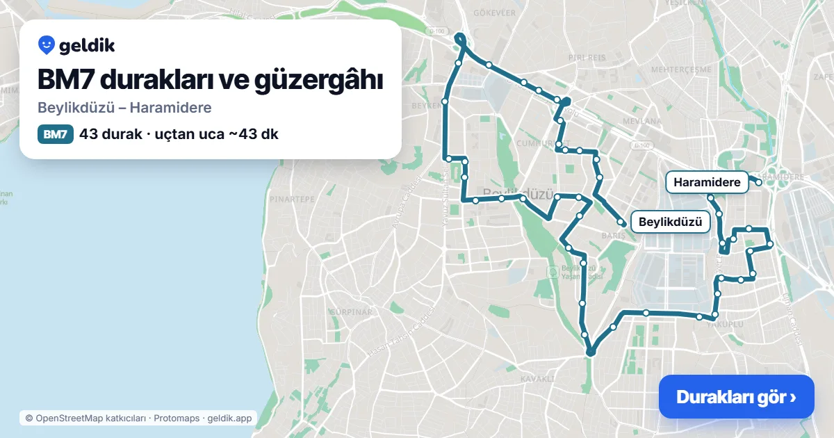 BM7 otobüs güzergâhı haritası: Beylikdüzü – Haramidere, 43 durak