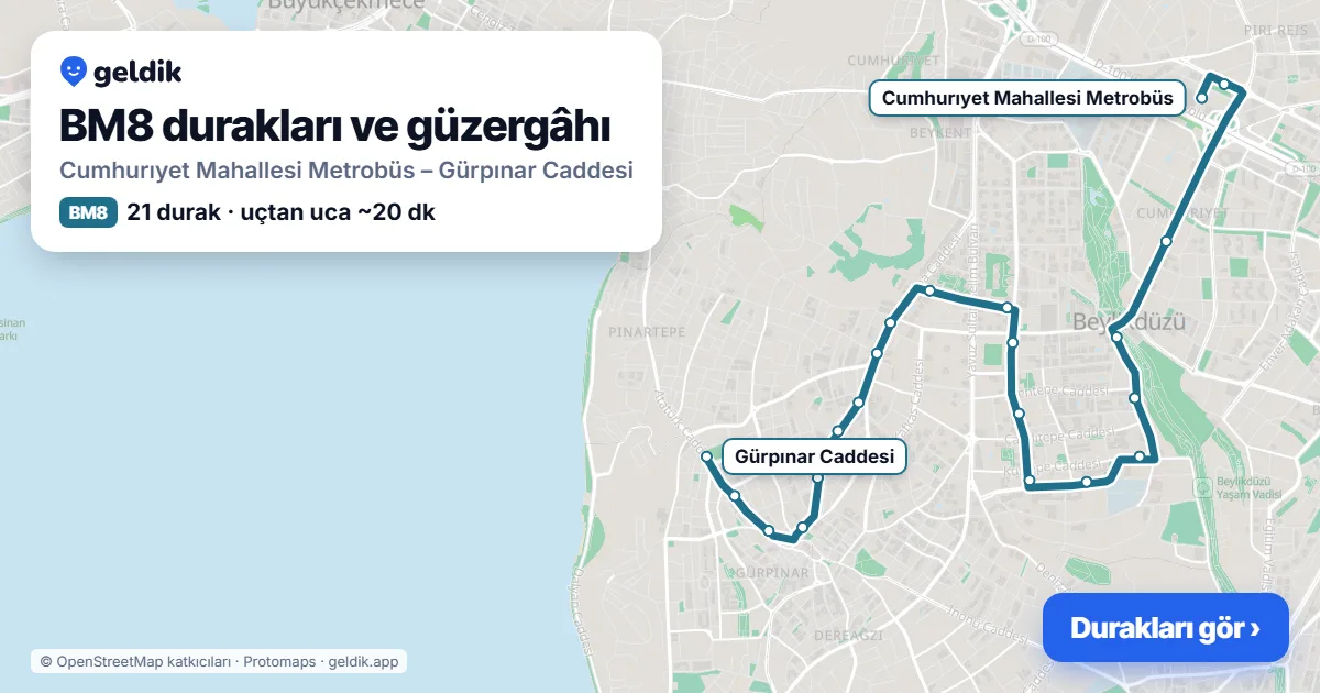 BM8 otobüs güzergâhı haritası: Cumhurıyet Mahallesi Metrobüs – Gürpınar Caddesi, 21 durak