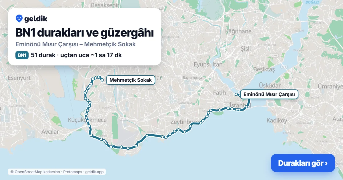 BN1 bus route map: Eminönü Mısır Çarşısı – Mehmetçik Sokak, 51 stops
