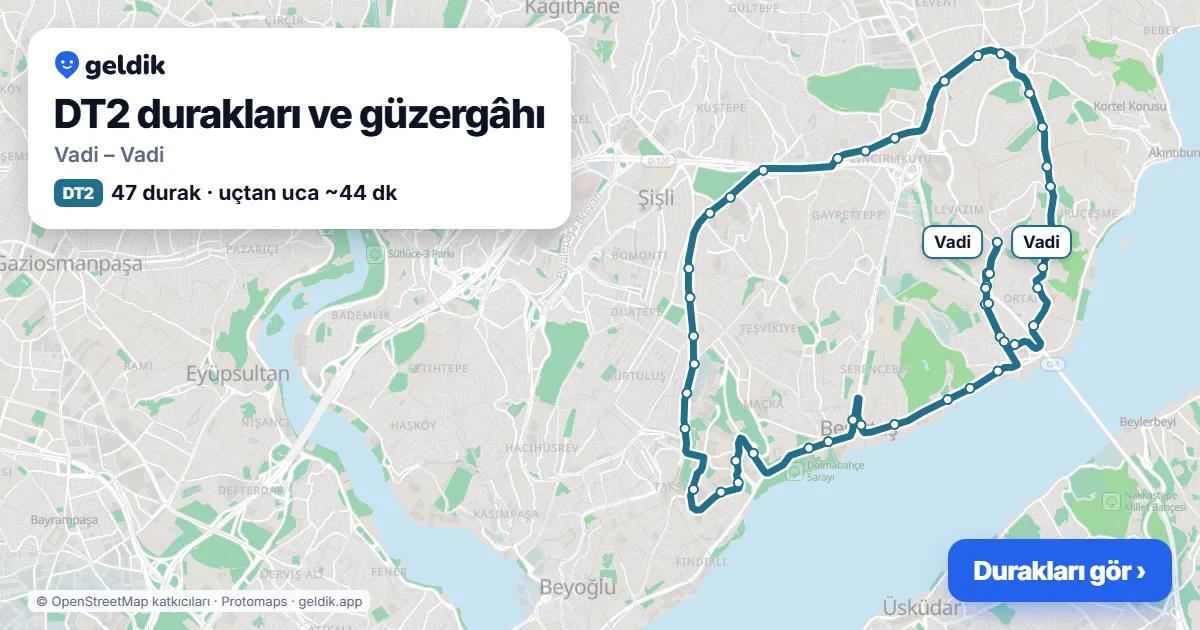 DT2 otobüs güzergâhı haritası: Vadi – Vadi, 47 durak