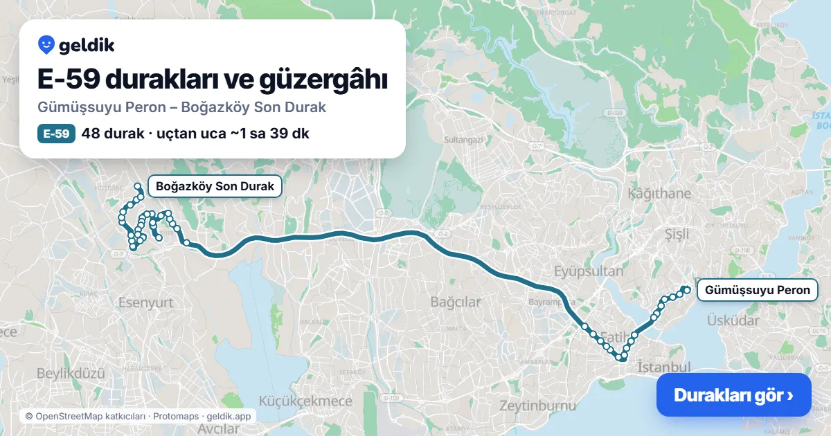 E-59 otobüs güzergâhı haritası: Gümüşsuyu Peron – Boğazköy Son Durak, 48 durak
