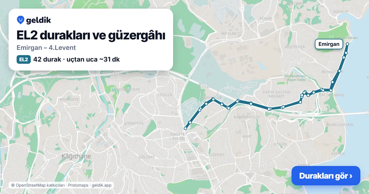 EL2 otobüs güzergâhı haritası: Emirgan – 4.Levent, 42 durak