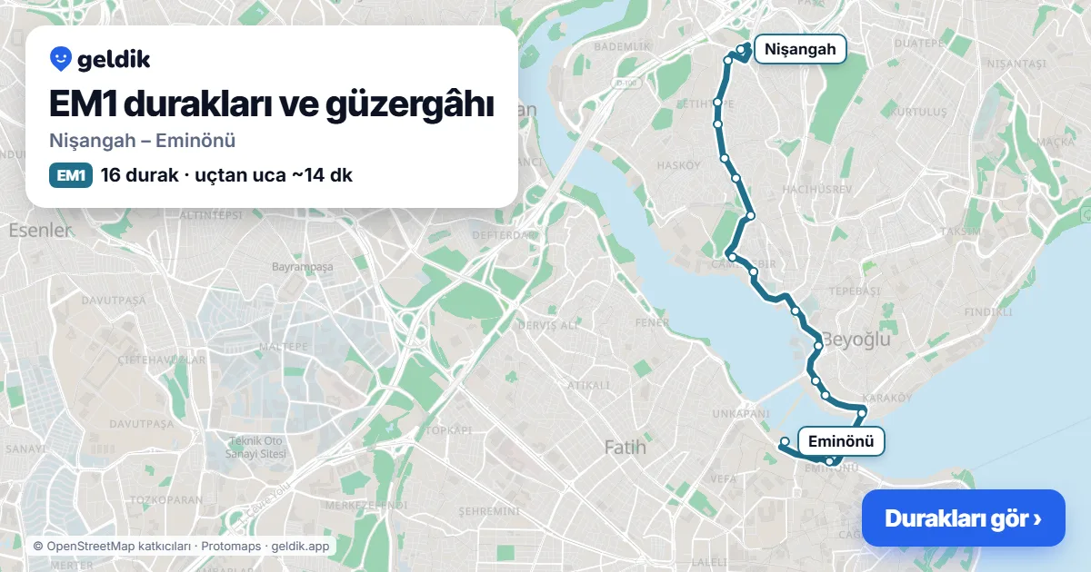 EM1 otobüs güzergâhı haritası: Nişangah – Eminönü, 16 durak