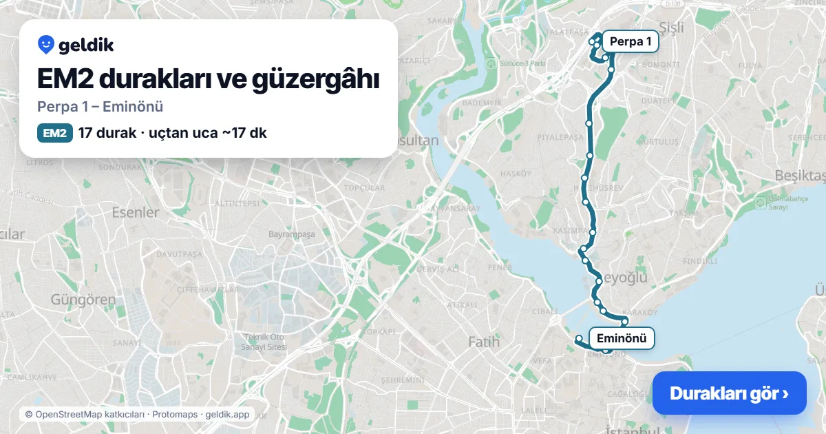 EM2 otobüs güzergâhı haritası: Perpa 1 – Eminönü, 17 durak