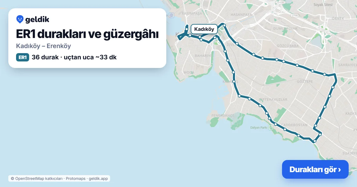 ER1 bus route map: Kadıköy – Erenköy, 36 stops