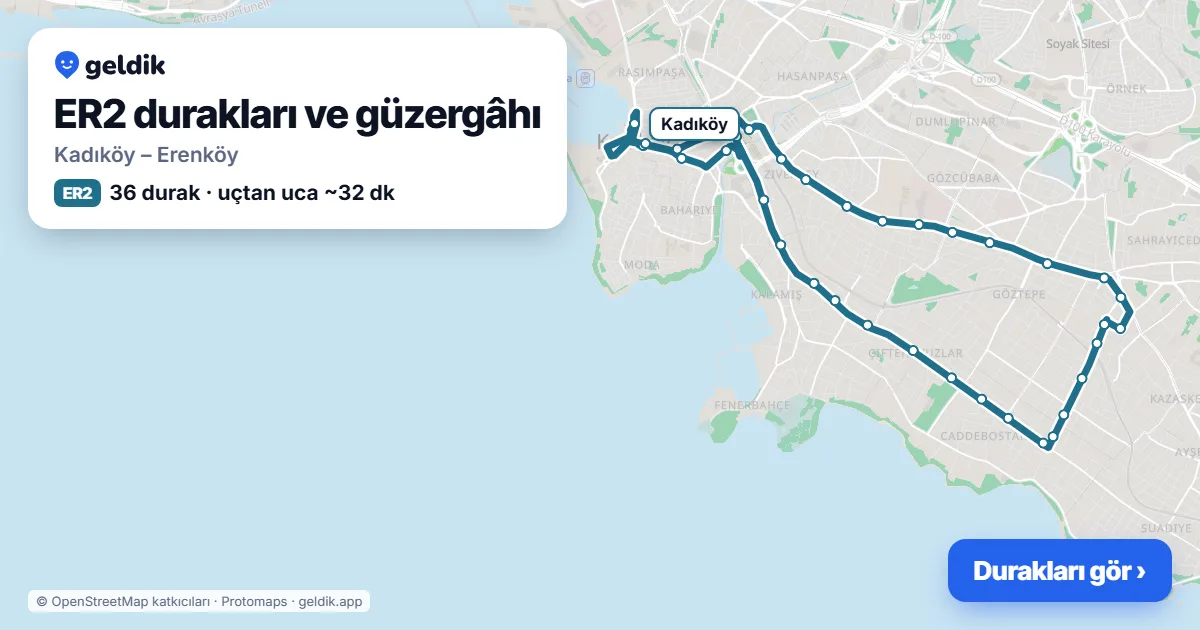 ER2 otobüs güzergâhı haritası: Kadıköy – Erenköy, 36 durak