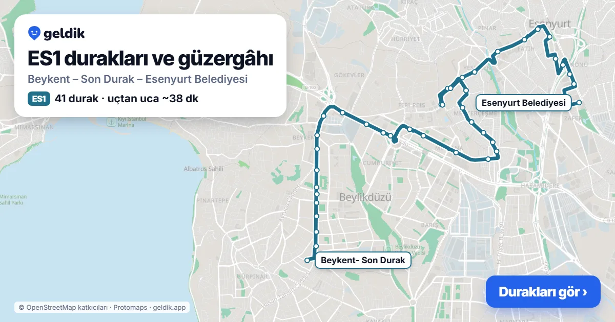 ES1 otobüs güzergâhı haritası: Beykent – Son Durak – Esenyurt Belediyesi, 41 durak