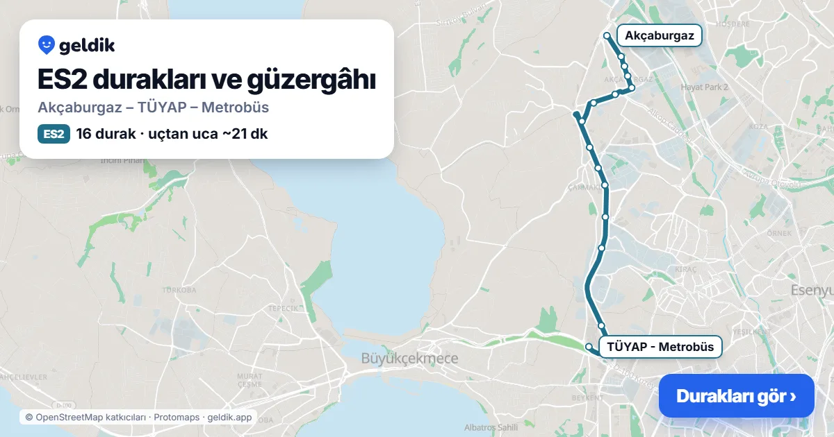 ES2 otobüs güzergâhı haritası: Akçaburgaz – TÜYAP – Metrobüs, 16 durak
