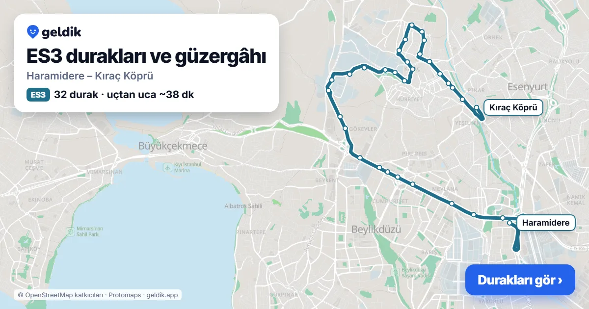 ES3 otobüs güzergâhı haritası: Haramidere – Kıraç Köprü, 32 durak