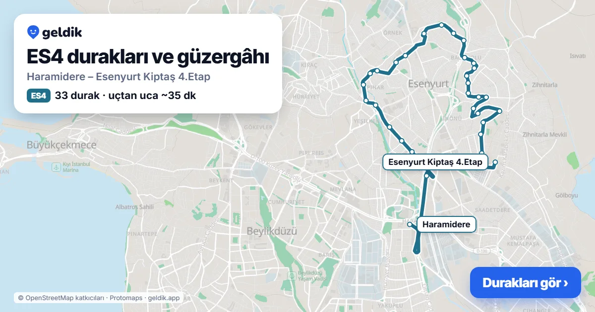 ES4 otobüs güzergâhı haritası: Haramidere – Esenyurt Kiptaş 4.Etap, 33 durak