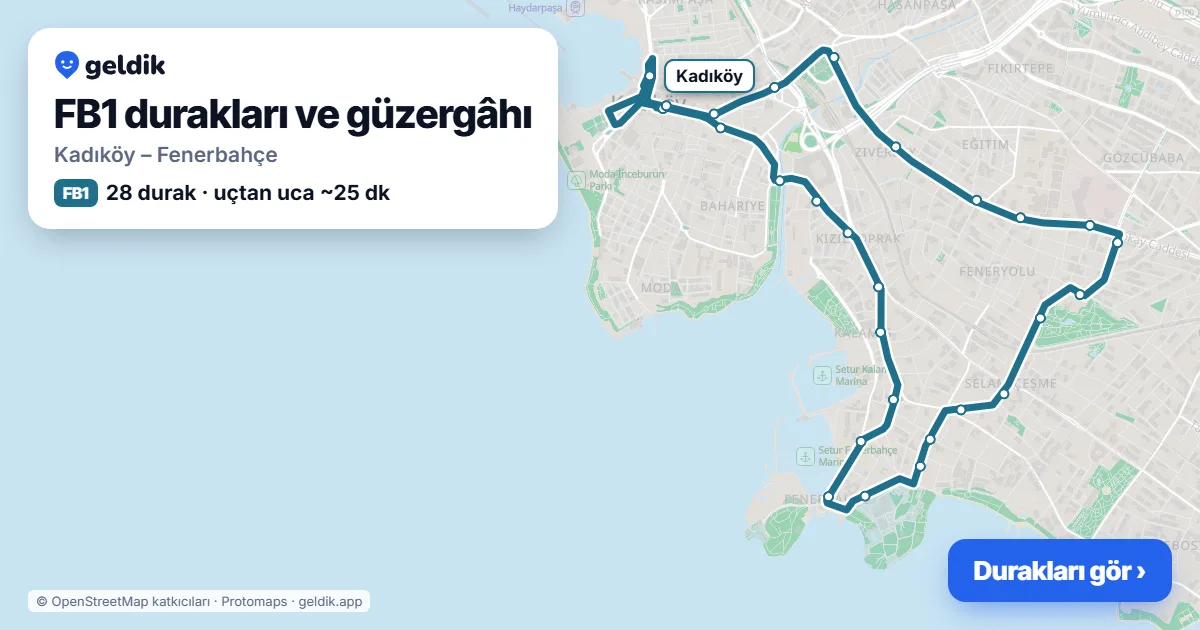 FB1 otobüs güzergâhı haritası: Kadıköy – Fenerbahçe, 28 durak