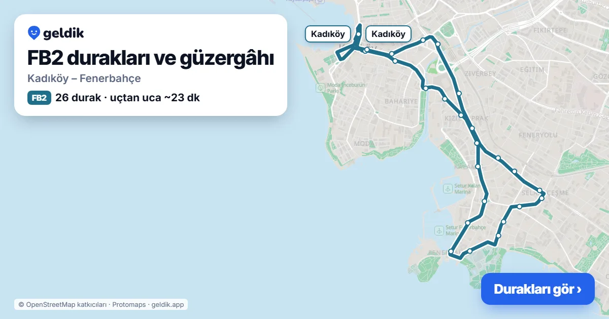 FB2 otobüs güzergâhı haritası: Kadıköy – Fenerbahçe, 26 durak