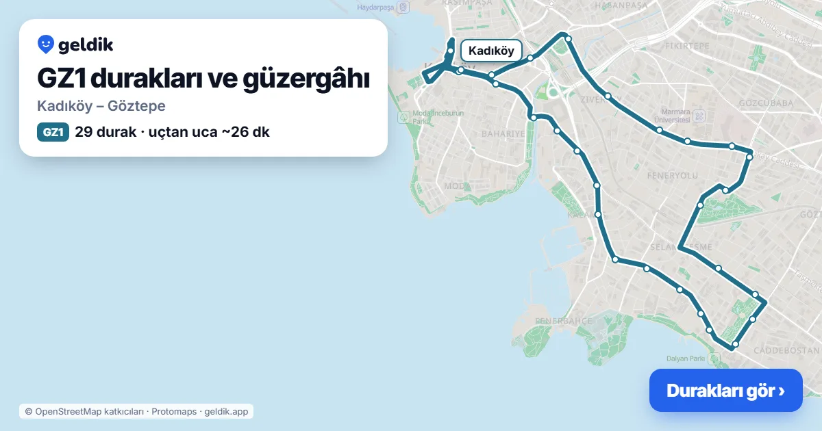 GZ1 otobüs güzergâhı haritası: Kadıköy – Göztepe, 29 durak