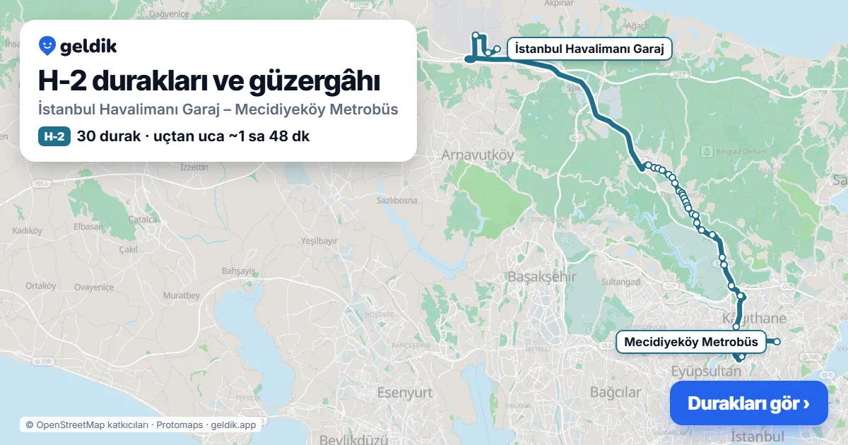 H-2 otobüs güzergâhı haritası: İstanbul Havalimanı Garaj – Mecidiyeköy Metrobüs, 30 durak