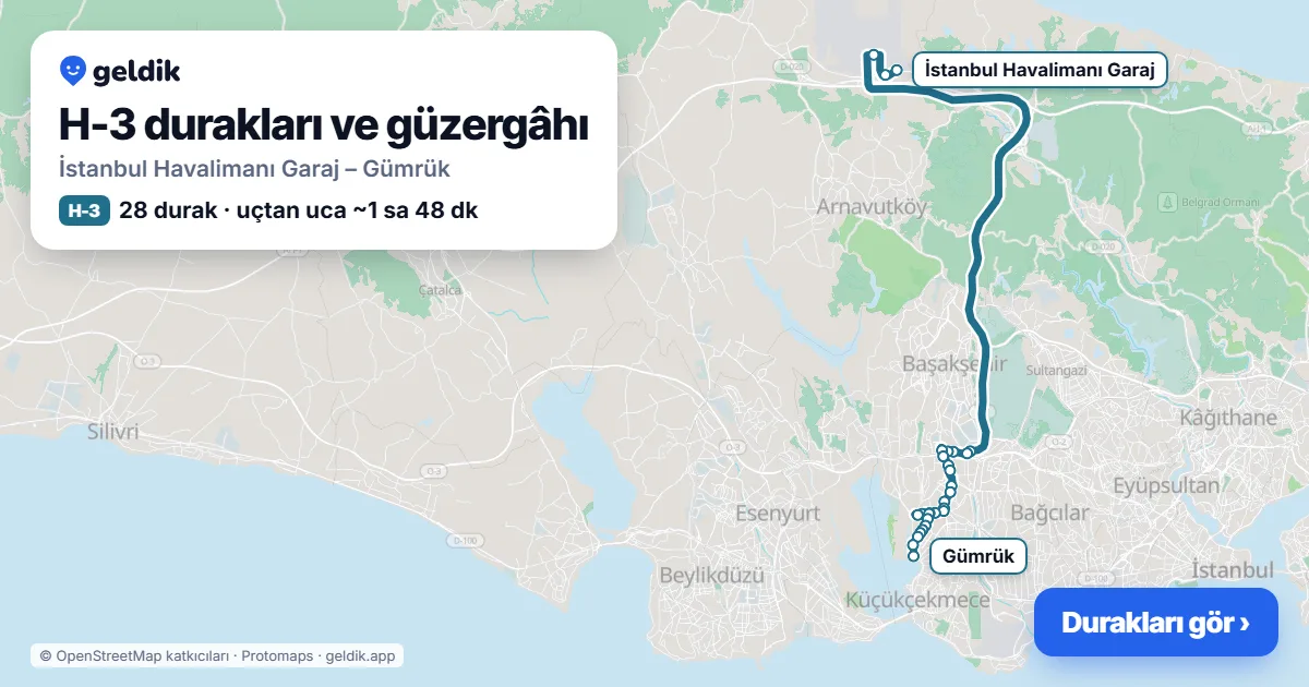 H-3 otobüs güzergâhı haritası: İstanbul Havalimanı Garaj – Gümrük, 28 durak