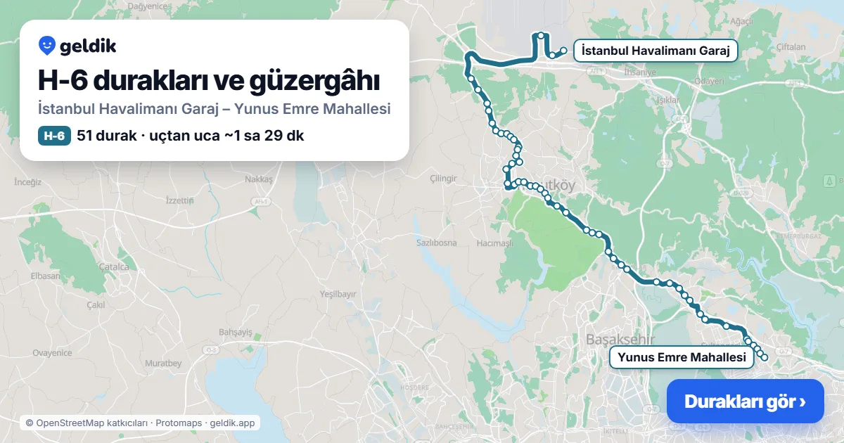 H-6 otobüs güzergâhı haritası: İstanbul Havalimanı Garaj – Yunus Emre Mahallesi, 51 durak