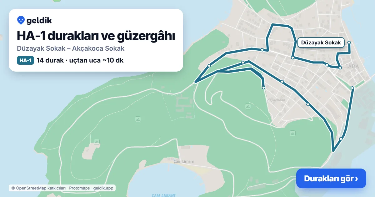 HA-1 otobüs güzergâhı haritası: Düzayak Sokak – Akçakoca Sokak, 14 durak