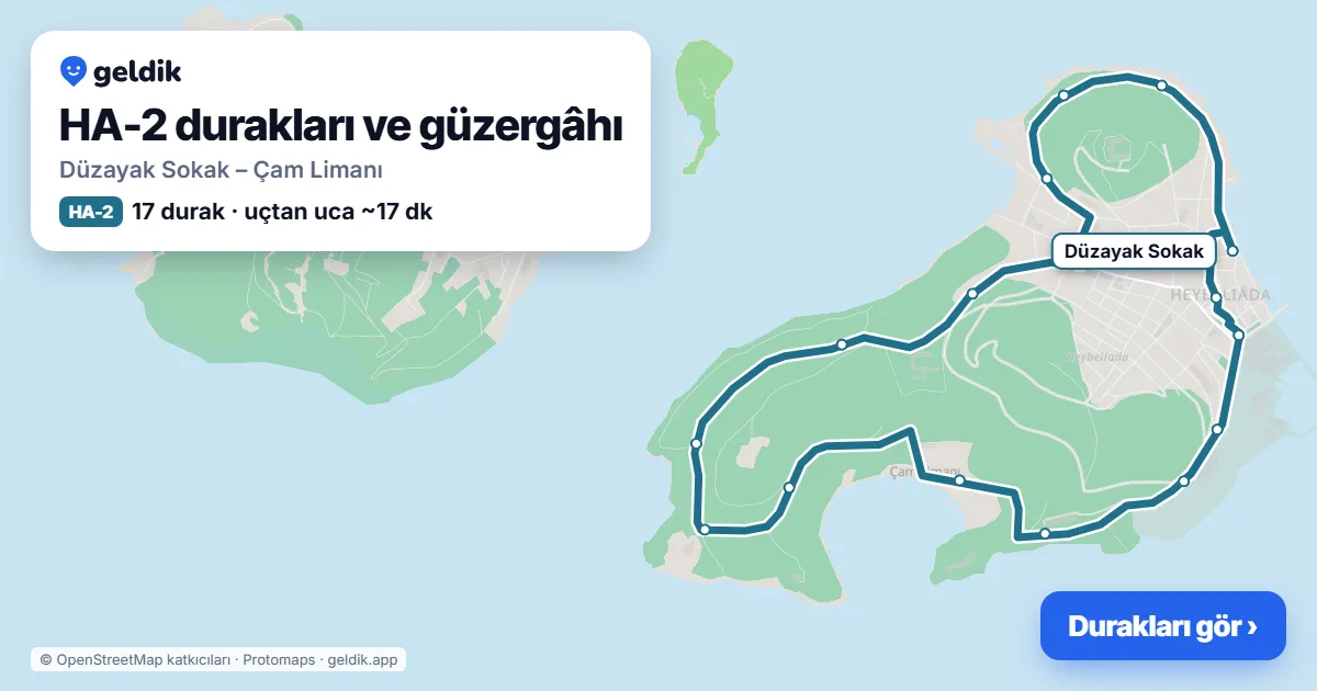 HA-2 otobüs güzergâhı haritası: Düzayak Sokak – Çam Limanı, 17 durak
