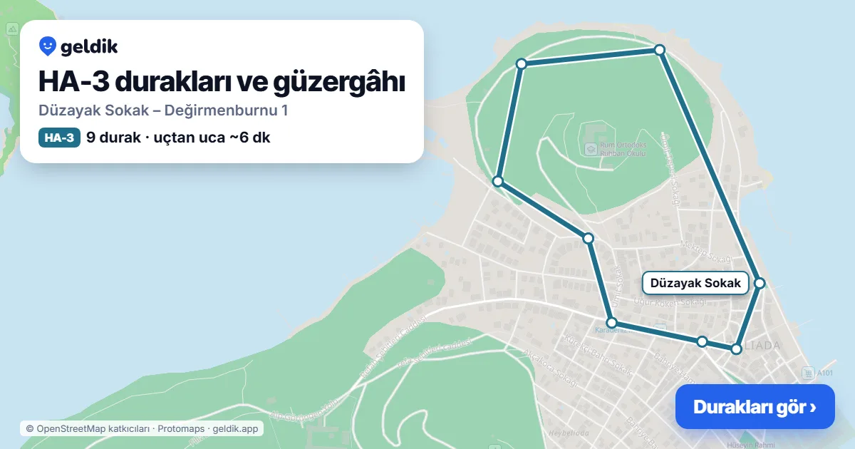 HA-3 otobüs güzergâhı haritası: Düzayak Sokak – Değirmenburnu 1, 9 durak