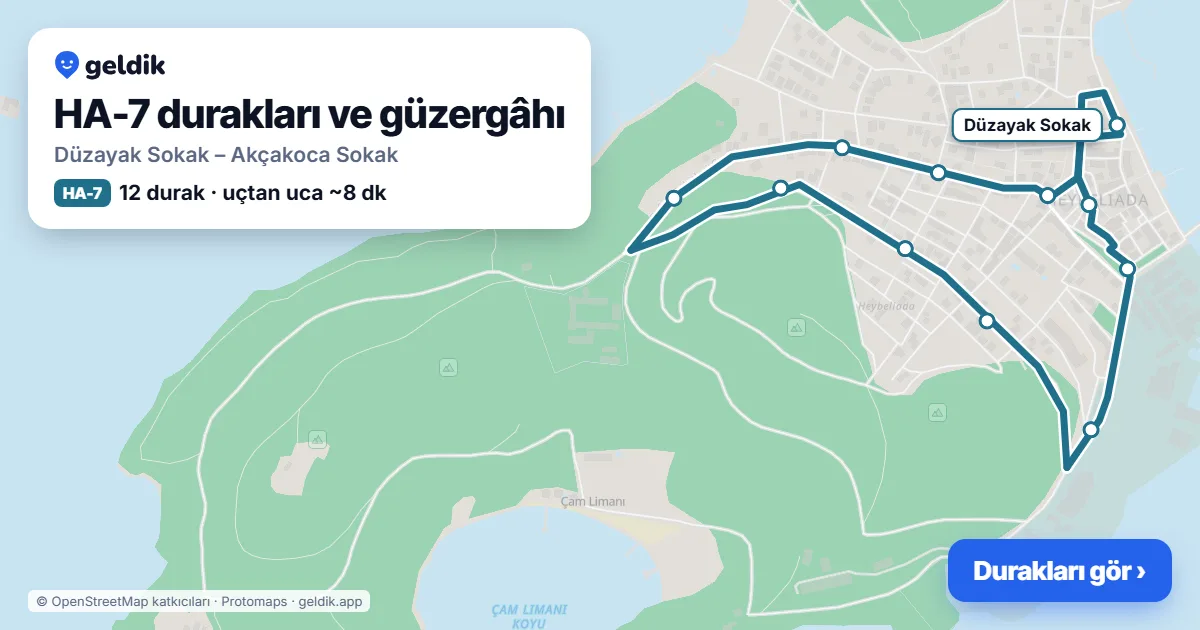 HA-7 otobüs güzergâhı haritası: Düzayak Sokak – Akçakoca Sokak, 12 durak
