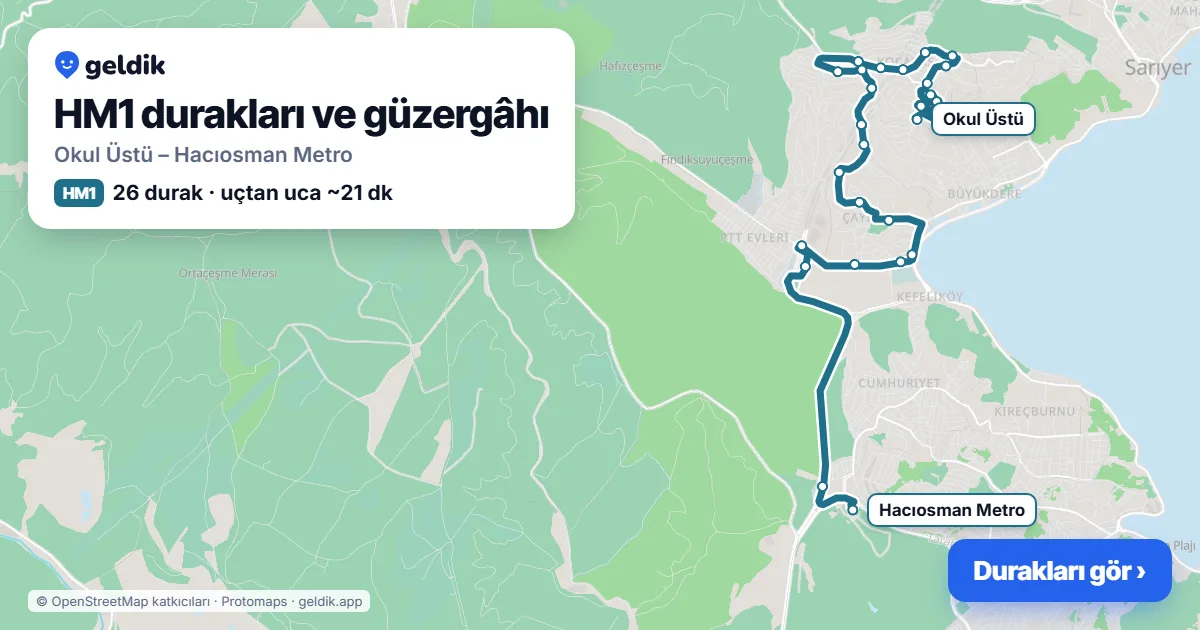 HM1 otobüs güzergâhı haritası: Okul Üstü – Hacıosman Metro, 26 durak