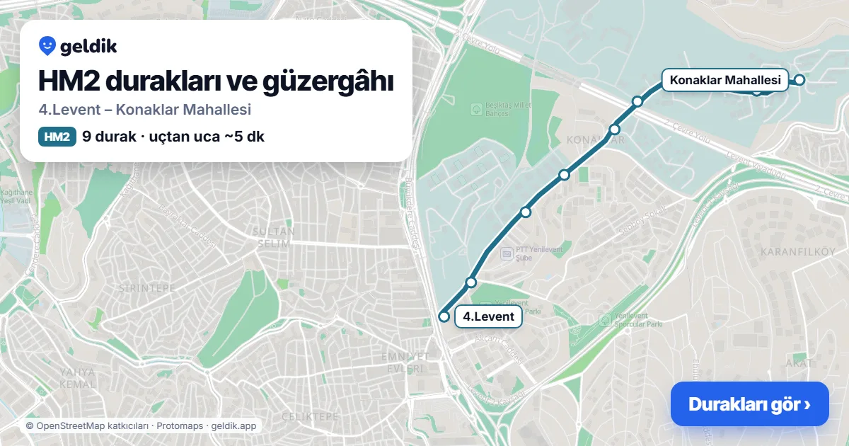 HM2 otobüs güzergâhı haritası: 4.Levent – Konaklar Mahallesi, 9 durak