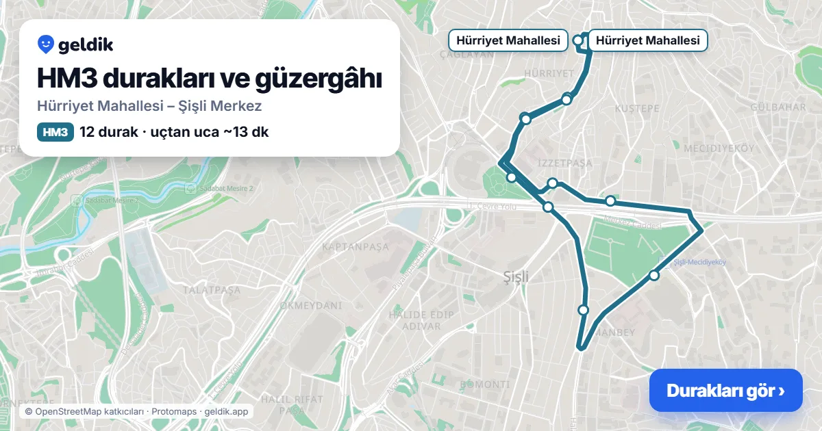 HM3 otobüs güzergâhı haritası: Hürriyet Mahallesi – Şişli Merkez, 12 durak