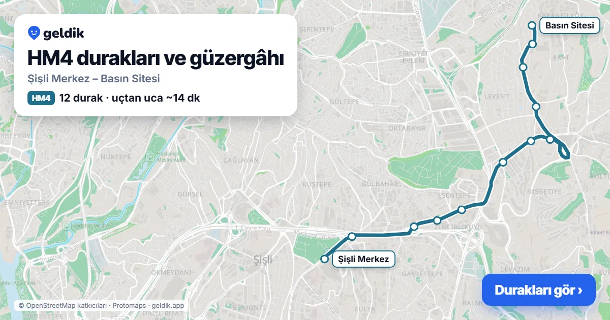 HM4 otobüs güzergâhı haritası: Şişli Merkez – Basın Sitesi, 12 durak