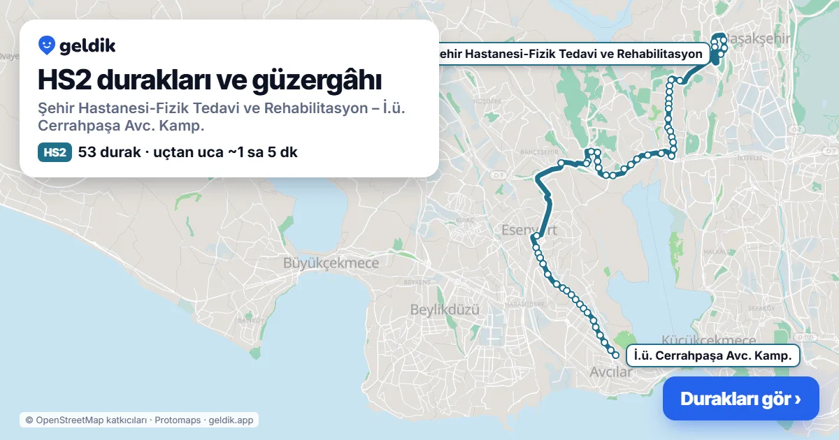 HS2 otobüs güzergâhı haritası: Şehir Hastanesi-Fizik Tedavi ve Rehabilitasyon – İ.ü. Cerrahpaşa Avc. Kamp., 53 durak
