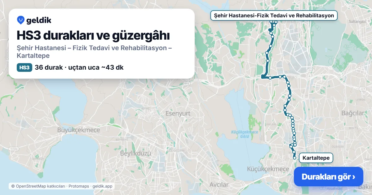 HS3 otobüs güzergâhı haritası: Şehir Hastanesi – Fizik Tedavi ve Rehabilitasyon – Kartaltepe, 36 durak