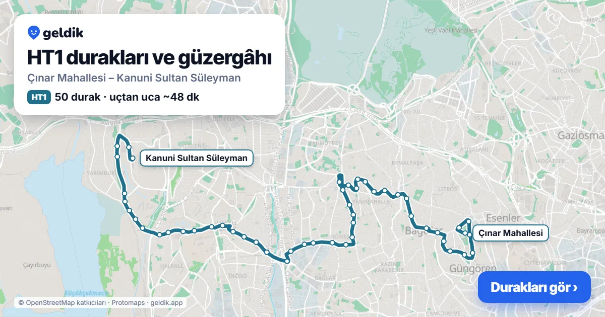 HT1 otobüs güzergâhı haritası: Çınar Mahallesi – Kanuni Sultan Süleyman, 50 durak