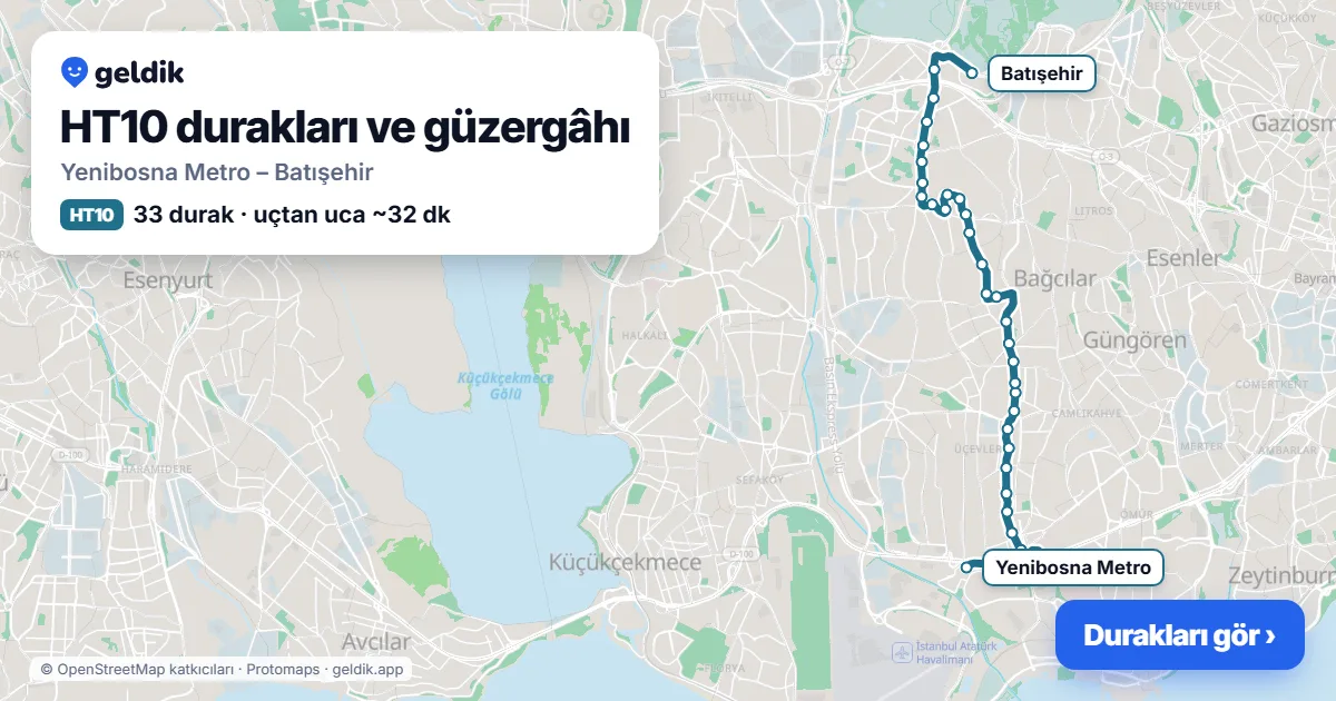 HT10 otobüs güzergâhı haritası: Yenibosna Metro – Batışehir, 33 durak