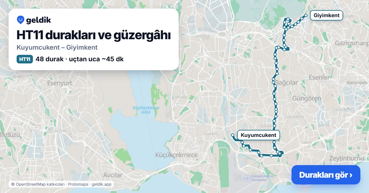 HT11 otobüs güzergâhı haritası: Kuyumcukent – Giyimkent, 48 durak