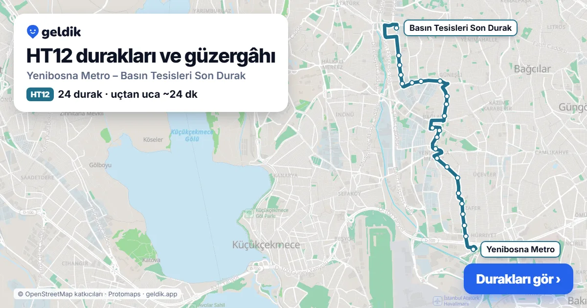 HT12 otobüs güzergâhı haritası: Yenibosna Metro – Basın Tesisleri Son Durak, 24 durak